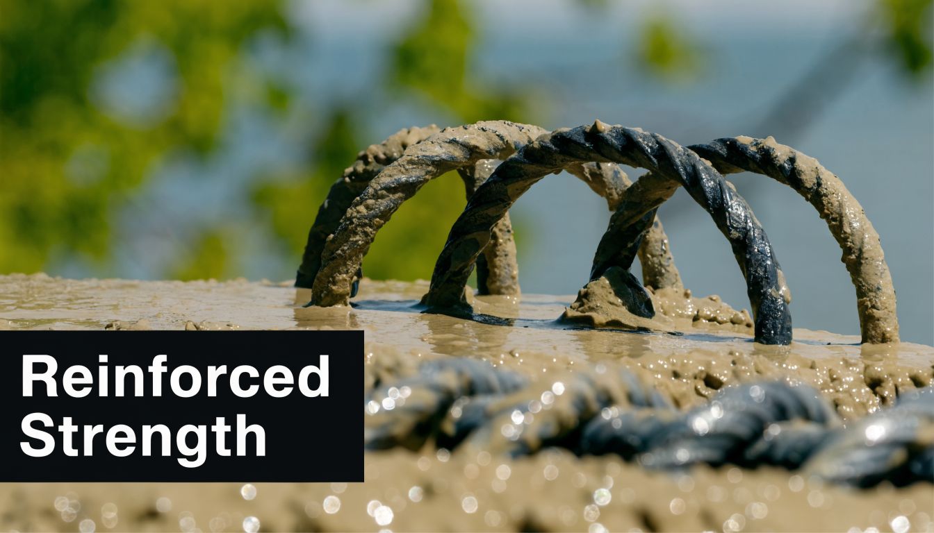The Best Concrete for Garage Floor: Expert Choices 4 Close-up of metal rebar loops sticking out of a wet concrete surface with blurred background