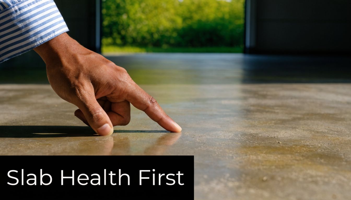 Best Garage Floor Coating for PA, MD, DE & NJ Homes 2 A close-up view of a person pointing at a smooth concrete floor in a garage.