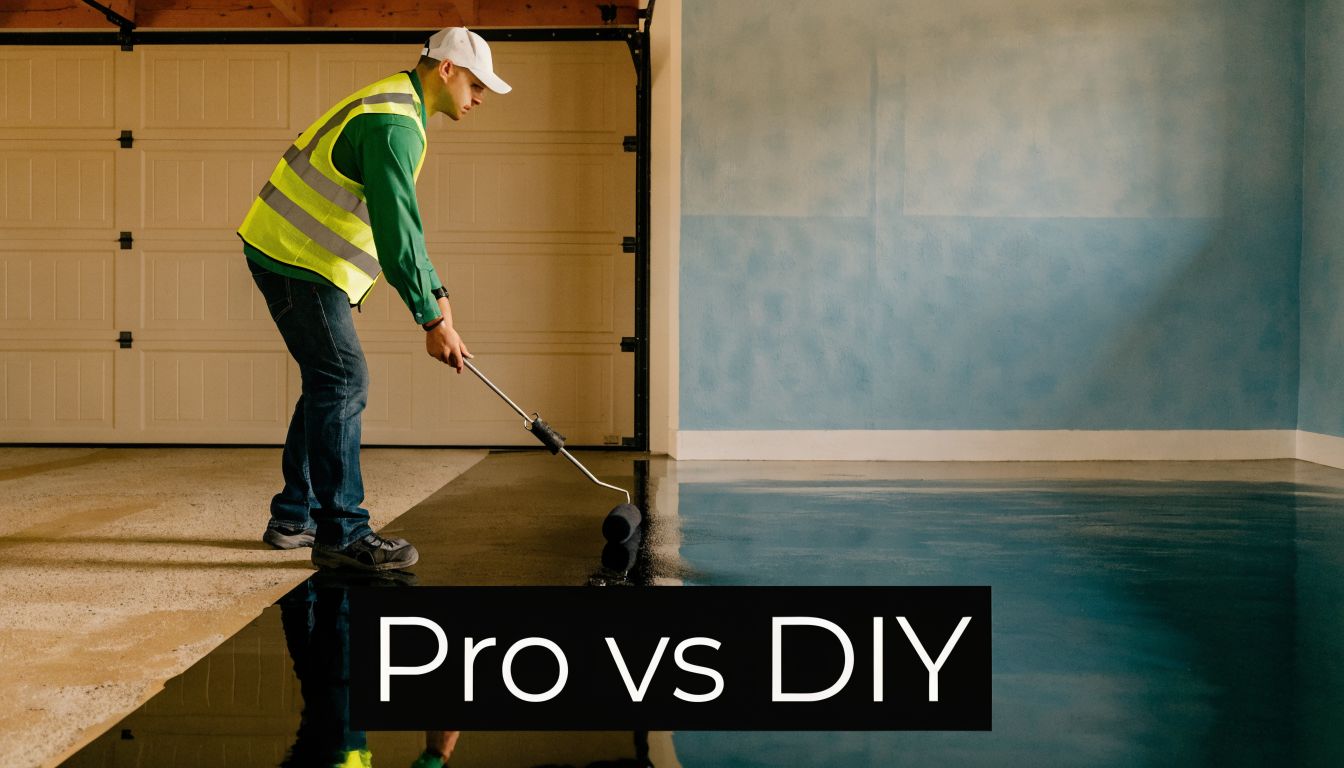 Best Garage Floor Coating for PA, MD, DE & NJ Homes 4 A professional contractor using a paint roller to apply a glossy coating to a garage floor surface.