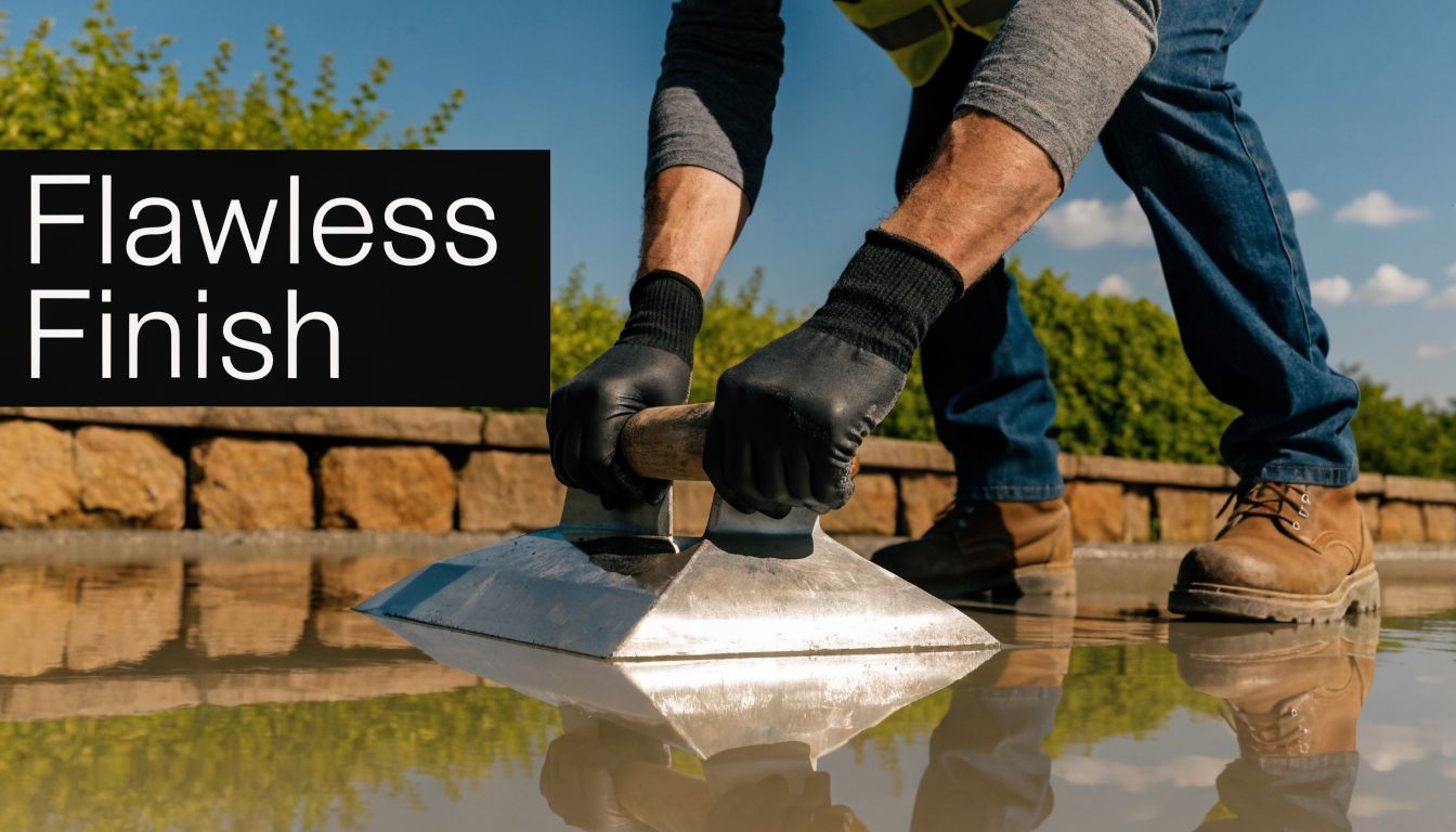Concrete Pad Installation: A PA & MD Homeowner's Guide 4 A construction worker uses a metal bull float to smooth a wet concrete pad installation outdoors.