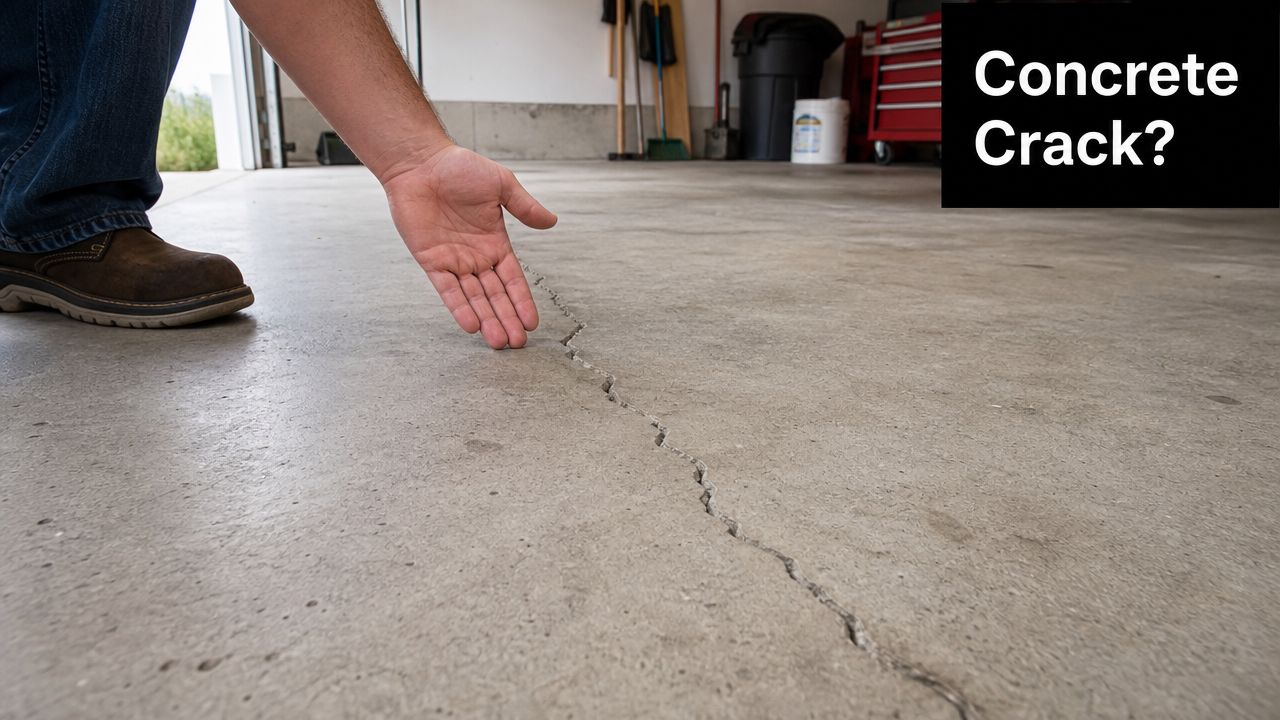 Expert Concrete Pad Repair: Fix Your Slab in PA & MD 2 A person points at a jagged crack running across the surface of a gray concrete garage floor.