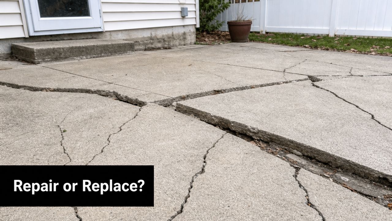 Expert Concrete Pad Repair: Fix Your Slab in PA & MD 4 A severely cracked and uneven concrete patio slab outside a house posing a question about repair.