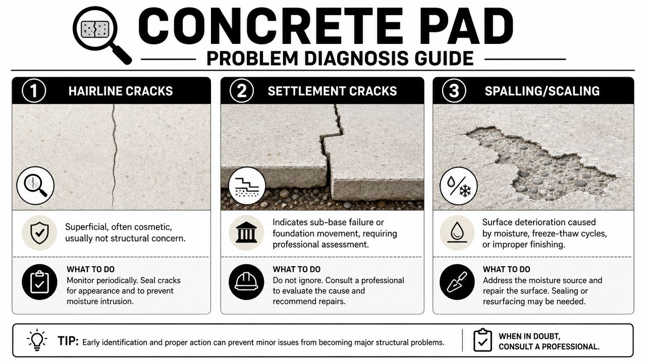 Expert Concrete Pad Repair: Fix Your Slab in PA & MD 3 An infographic titled Concrete Pad Problem Diagnosis Guide explaining hairline cracks, settlement cracks, and spalling or scaling.