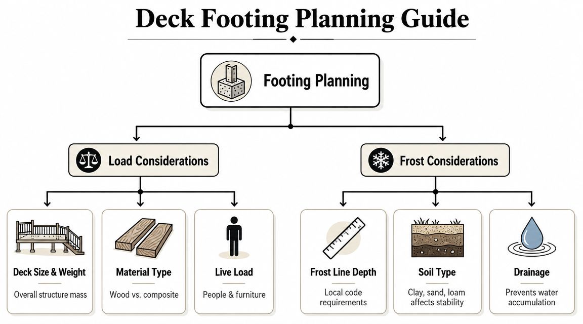 Concrete Pads for Decking: Build a Solid 2026 Foundation 3 An infographic chart outlining essential planning factors for building deck footings including load and frost considerations.
