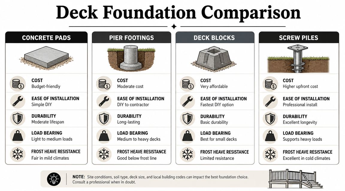 Concrete Pads for Decking: Build a Solid 2026 Foundation 2 A comparison chart outlining the pros and cons of concrete pads, pier footings, deck blocks, and screw piles.