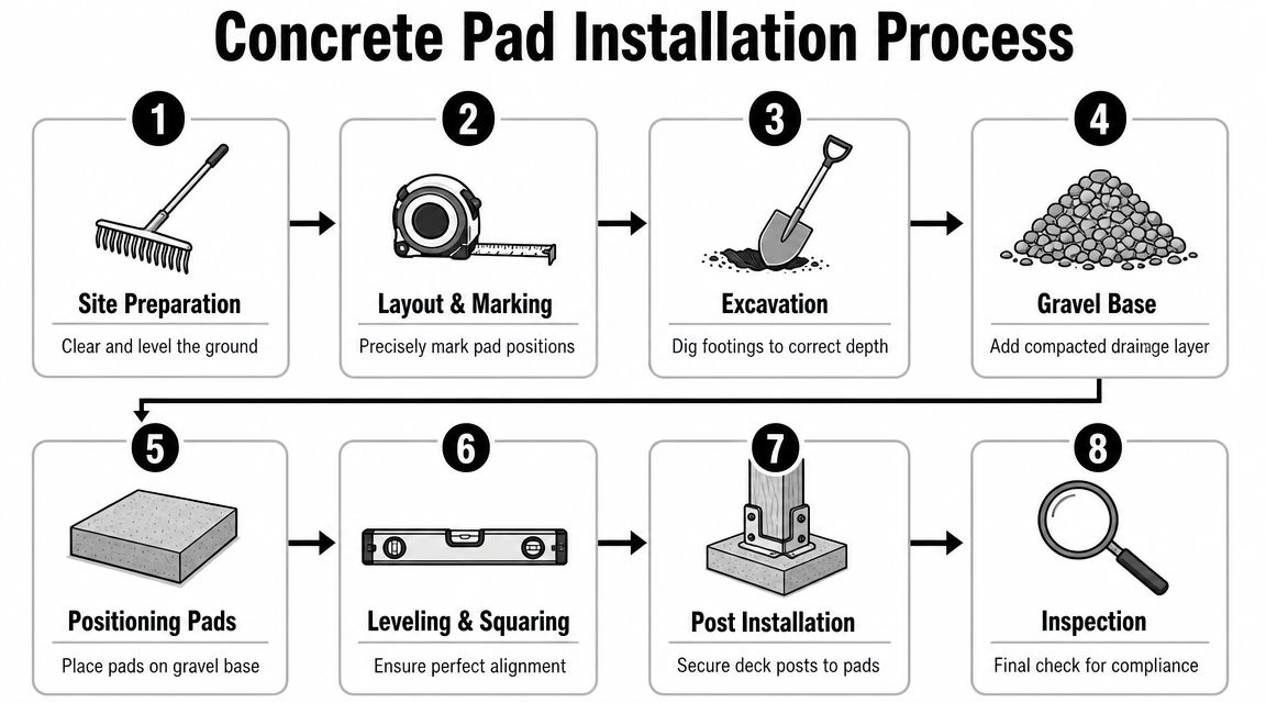 Concrete Pads for Decking: Build a Solid 2026 Foundation 4 An infographic detailing the eight-step installation process for concrete pads used in decking construction.