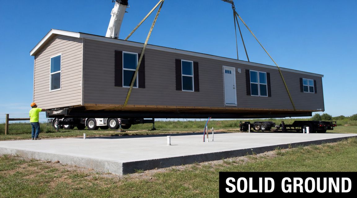 Concrete Pads for Mobile Homes: A PA & MD Guide (2026) 2 A construction worker guides a crane lifting a prefabricated mobile home above a new concrete pad foundation.