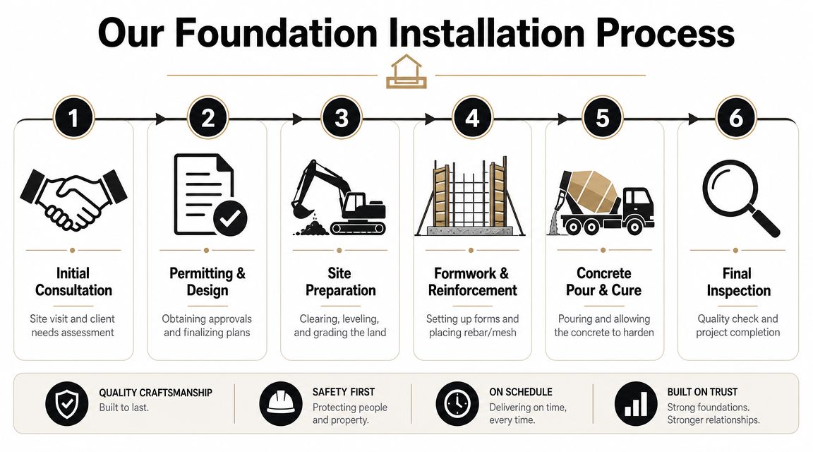 Concrete Pads for Mobile Homes: A PA & MD Guide (2026) 4 An infographic showing a six-step foundation installation process for building residential or mobile home concrete pads.