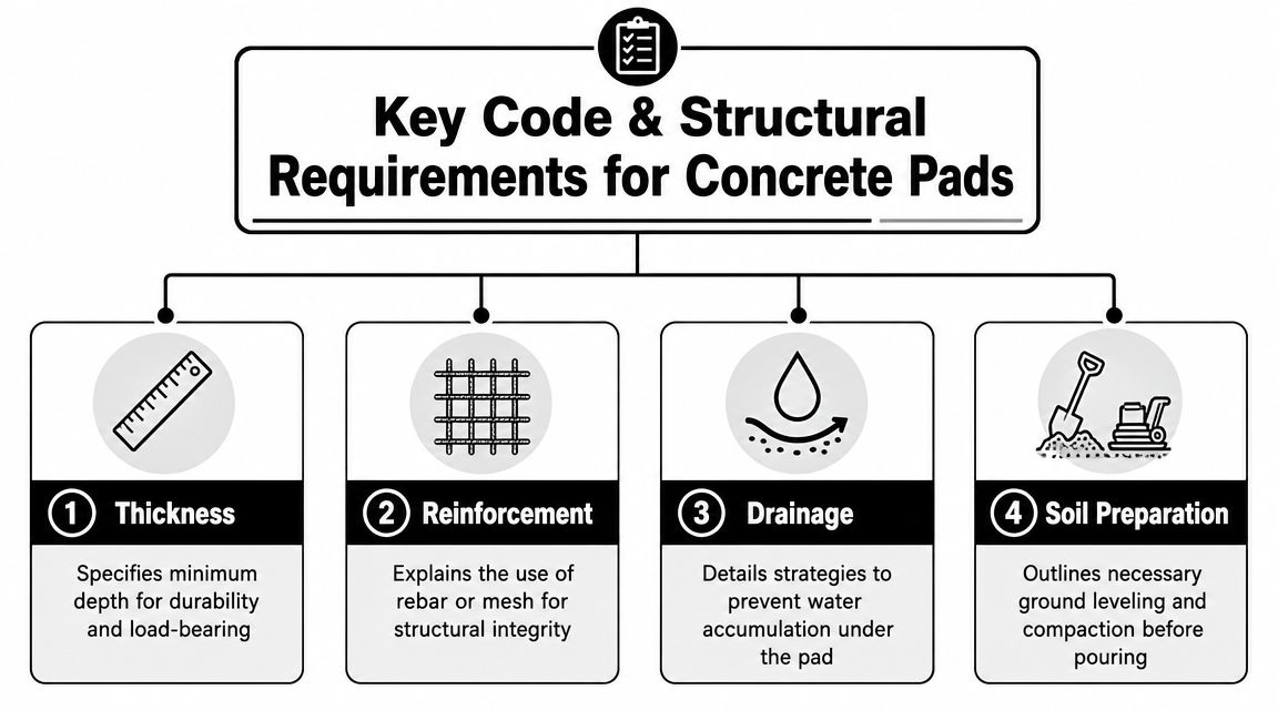 Concrete Pads for Mobile Homes: A PA & MD Guide (2026) 3 An infographic outlining four key code and structural requirements for constructing durable and stable concrete pads.