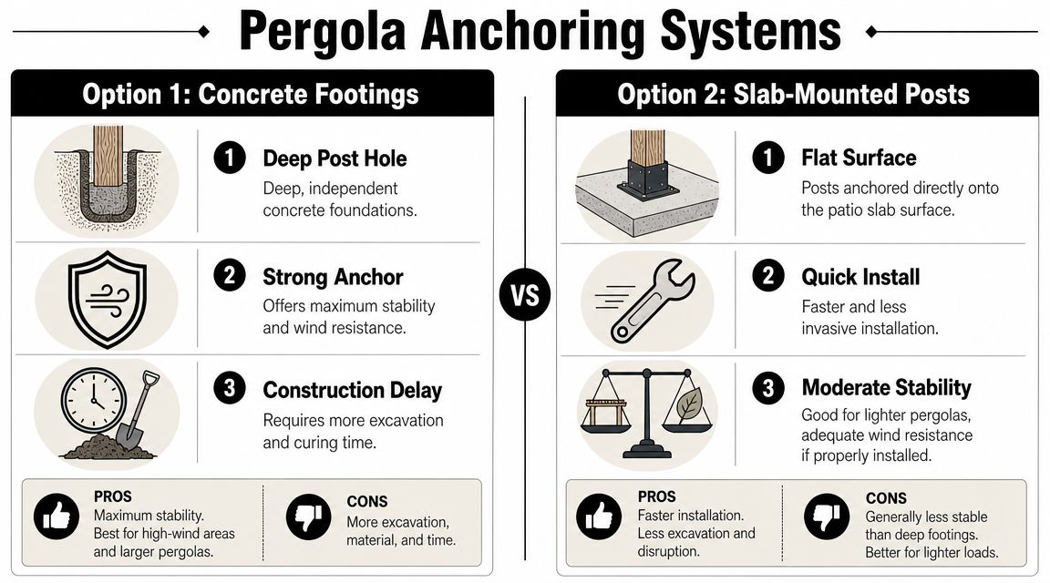 Concrete Patio With Pergola Ideas & Expert Guide 4 A comparison infographic showing the pros and cons of concrete footings versus slab-mounted posts for pergolas.