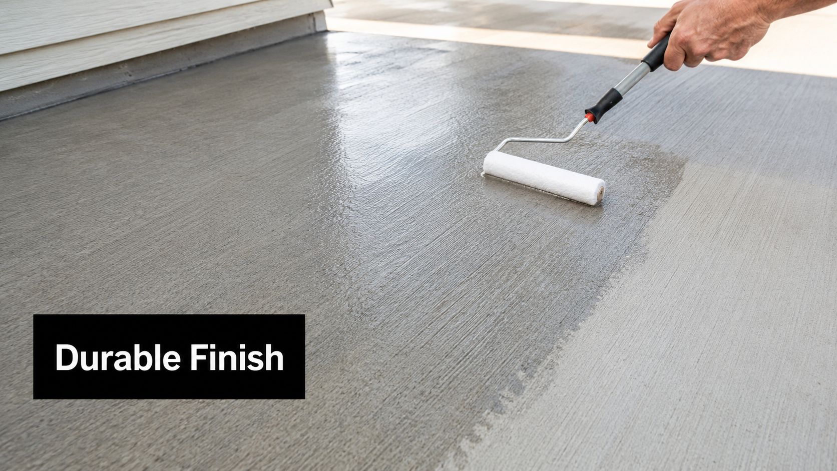 Concrete Patio With Pergola Ideas & Expert Guide 5 A person applying a protective sealant to a concrete patio surface using a professional paint roller.
