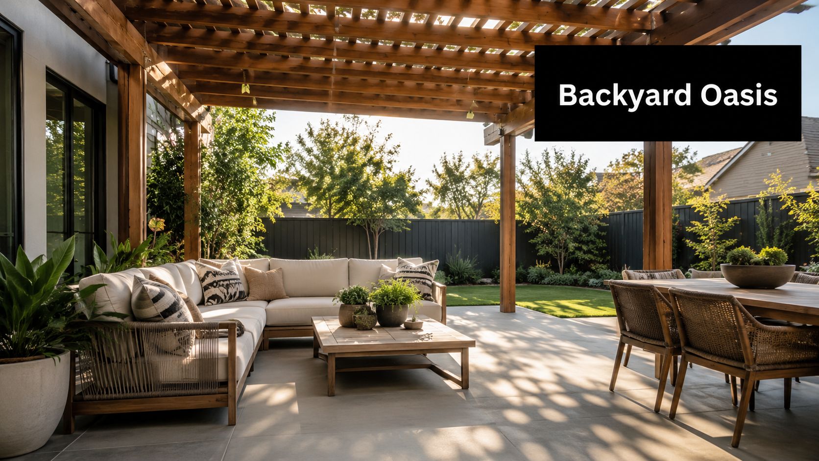 Concrete Patio With Pergola Ideas & Expert Guide 2 A modern backyard oasis featuring a concrete patio, a wooden pergola, and comfortable outdoor furniture set.