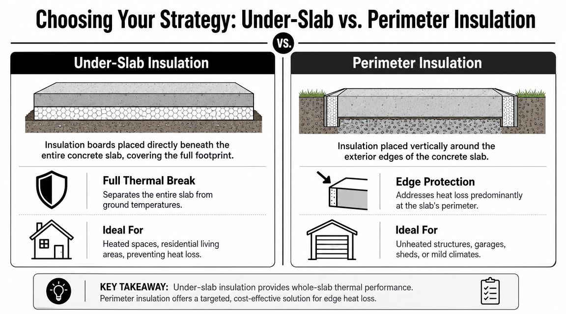 Concrete Slab Insulation: Materials, Costs & Codes 3 A diagram comparing under-slab and perimeter insulation strategies for concrete foundations in residential or commercial construction projects.