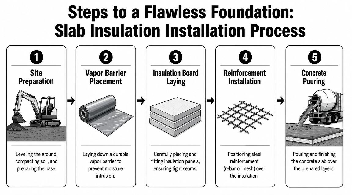 Concrete Slab Insulation: Materials, Costs & Codes 4 A five-step infographic illustrating the professional process for installing concrete slab insulation for building foundations.