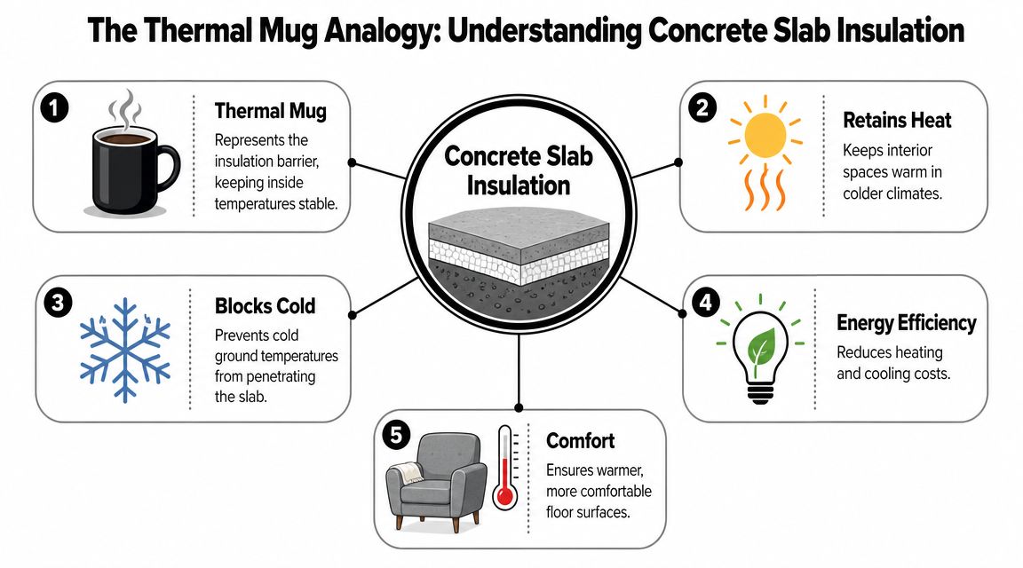 Concrete Slab Insulation: Materials, Costs & Codes 2 An infographic titled The Thermal Mug Analogy illustrating the five key benefits of concrete slab insulation.