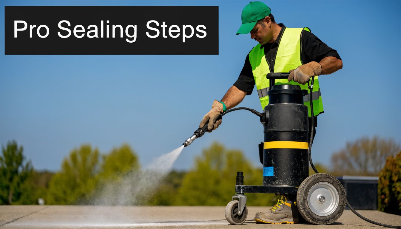 Concrete Slab Sealer: A PA Homeowner's Guide for 2026 3 A professional construction worker using a pressurized sprayer to apply sealer to a concrete slab surface.