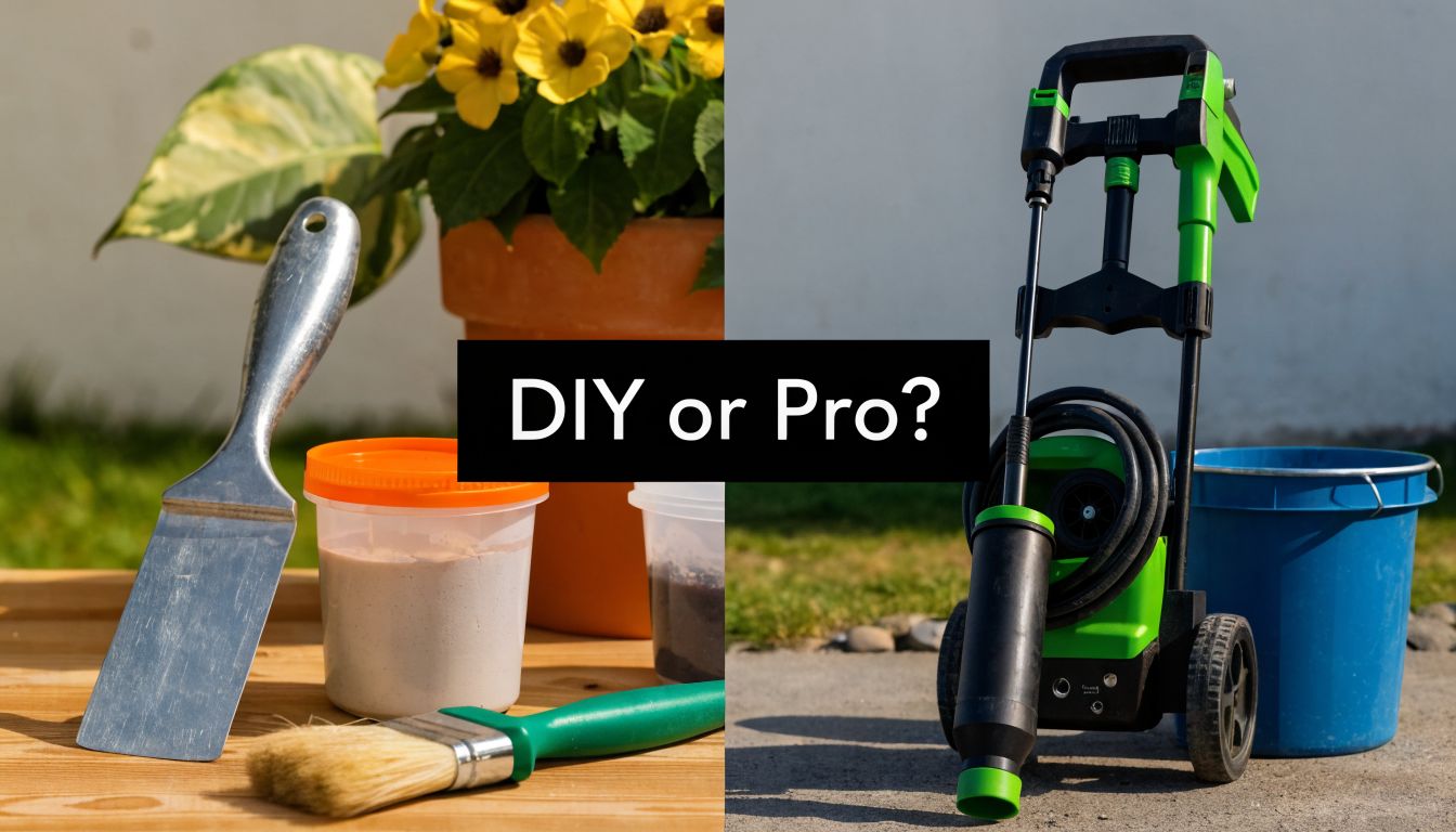 Concrete Slab Sealer: A PA Homeowner's Guide for 2026 5 A split image comparing home DIY supplies like brushes and sealer against professional pressure washing equipment.