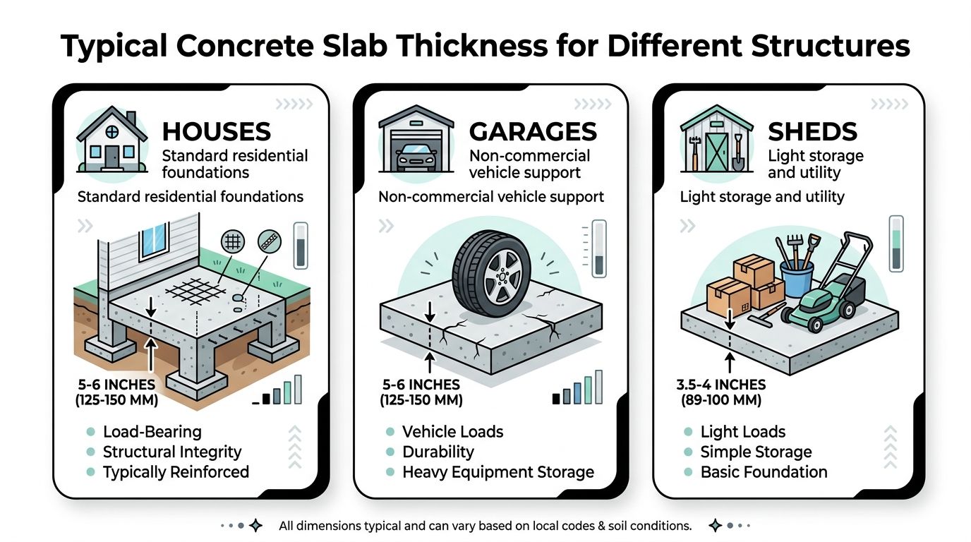Concrete Slab Thickness for House: Key Factors for 2026 2 An infographic showing recommended concrete slab thickness measurements for houses, garages, and sheds with relevant usage descriptions.