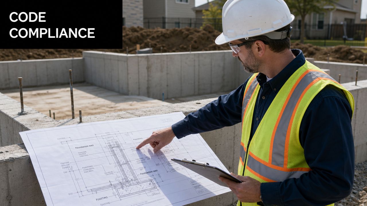 Concrete Slab Thickness for House: Key Factors for 2026 4 A construction inspector in a hard hat and safety vest reviewing a blueprint at a concrete foundation.