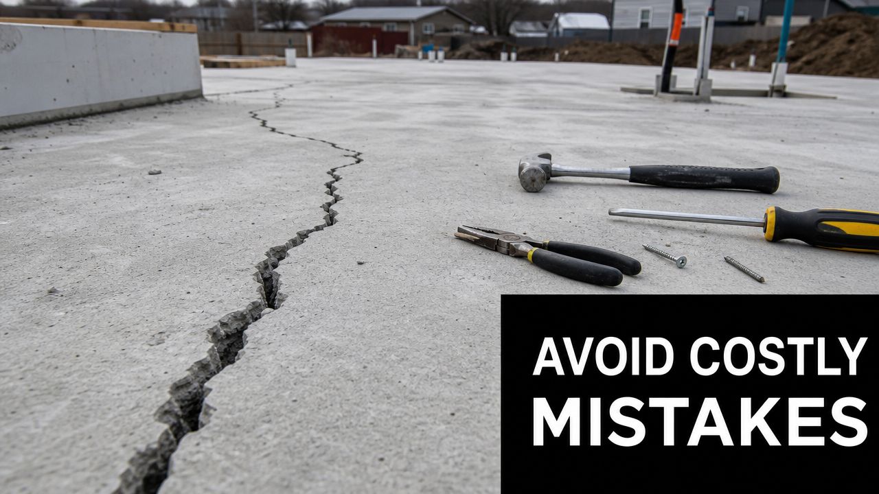 Concrete Slab Thickness for House: Key Factors for 2026 5 A cracked concrete slab foundation at a construction site with scattered hand tools like a hammer and screwdriver.