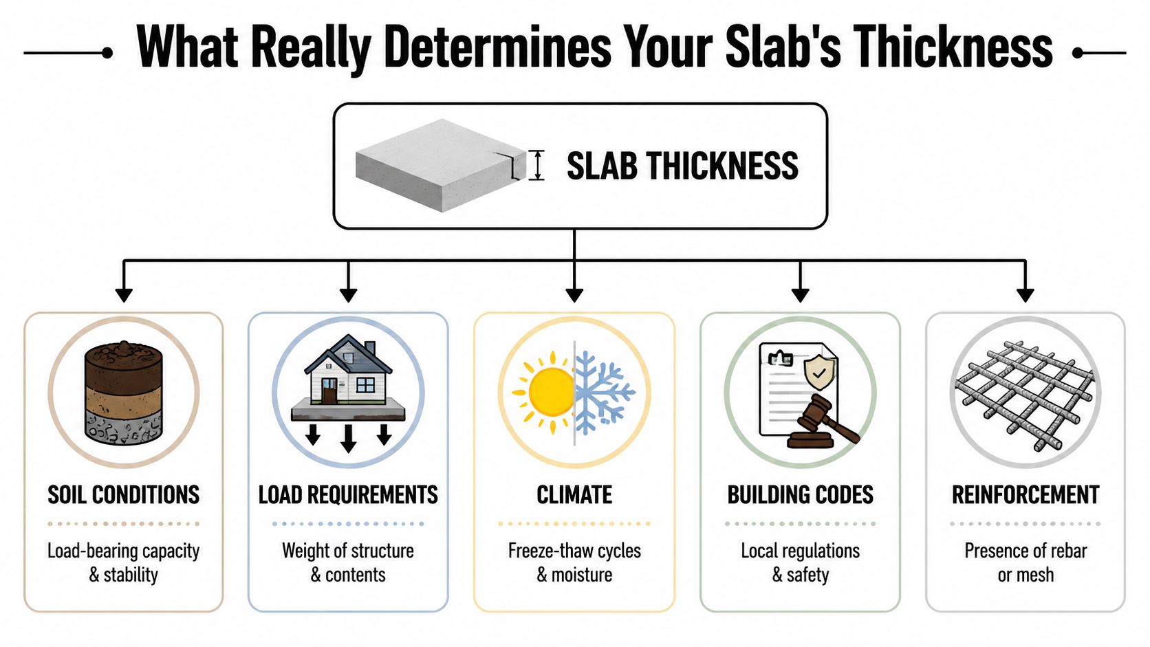 Concrete Slab Thickness for House: Key Factors for 2026 3 A diagram explaining the five key factors that determine concrete slab thickness for construction projects.