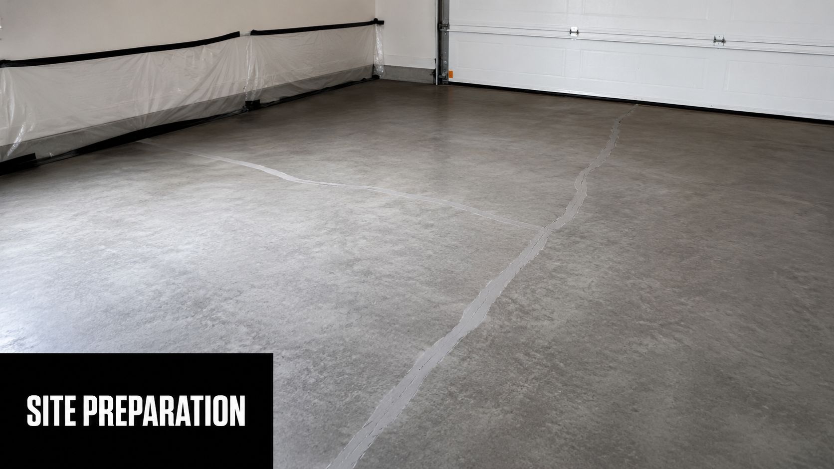Garage Floor Grinder: A Pro Guide to Concrete Prep 3 A gray concrete garage floor with repaired crack lines and plastic sheeting protected walls in preparation.