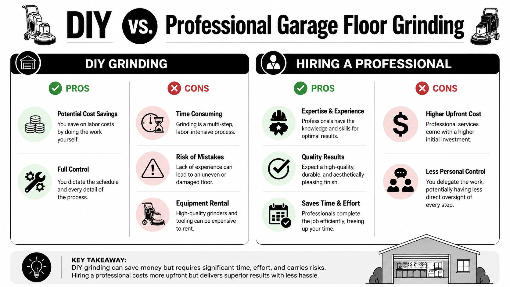 Garage Floor Grinder: A Pro Guide to Concrete Prep 5 An infographic comparing the pros and cons of DIY versus professional garage floor grinding services.