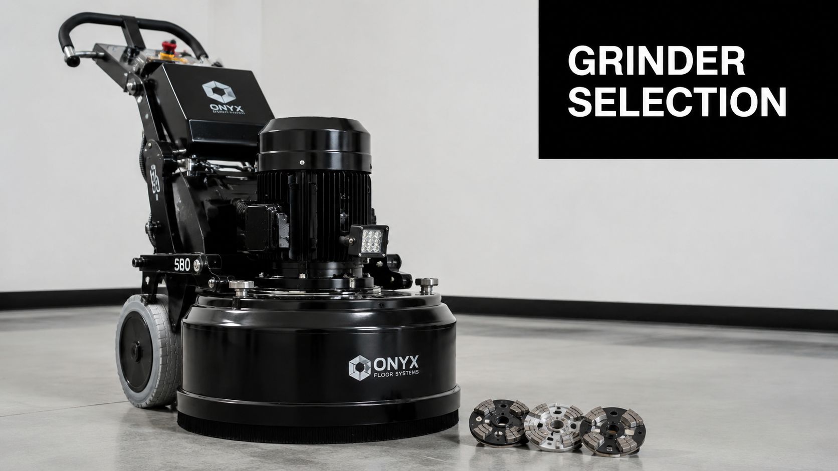 Garage Floor Grinder: A Pro Guide to Concrete Prep 2 A professional Onyx Floor Systems 580 grinder and diamond polishing heads placed on a concrete floor.