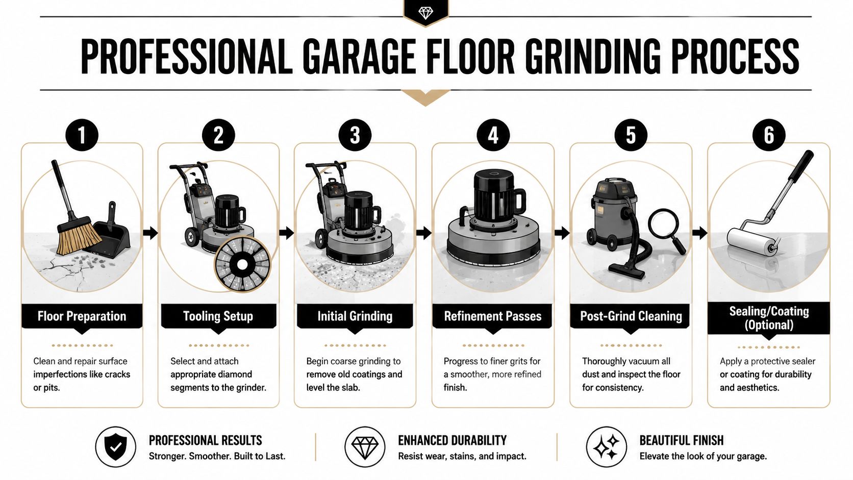 Garage Floor Grinder: A Pro Guide to Concrete Prep 4 An infographic showing the six steps of the professional garage floor grinding process from preparation to sealing.
