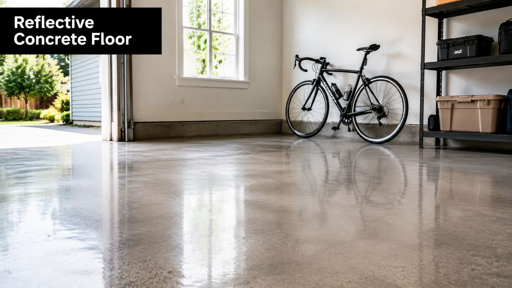 8 Garage Floor Ideas Diy for Your PA Home 2 A sleek, highly reflective polished concrete garage floor reflecting a bicycle and the surrounding bright walls.