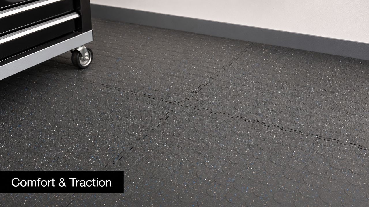 8 Garage Floor Ideas Diy for Your PA Home 3 Interlocking dark gray rubber floor tiles with a coin pattern and blue specks inside a garage.