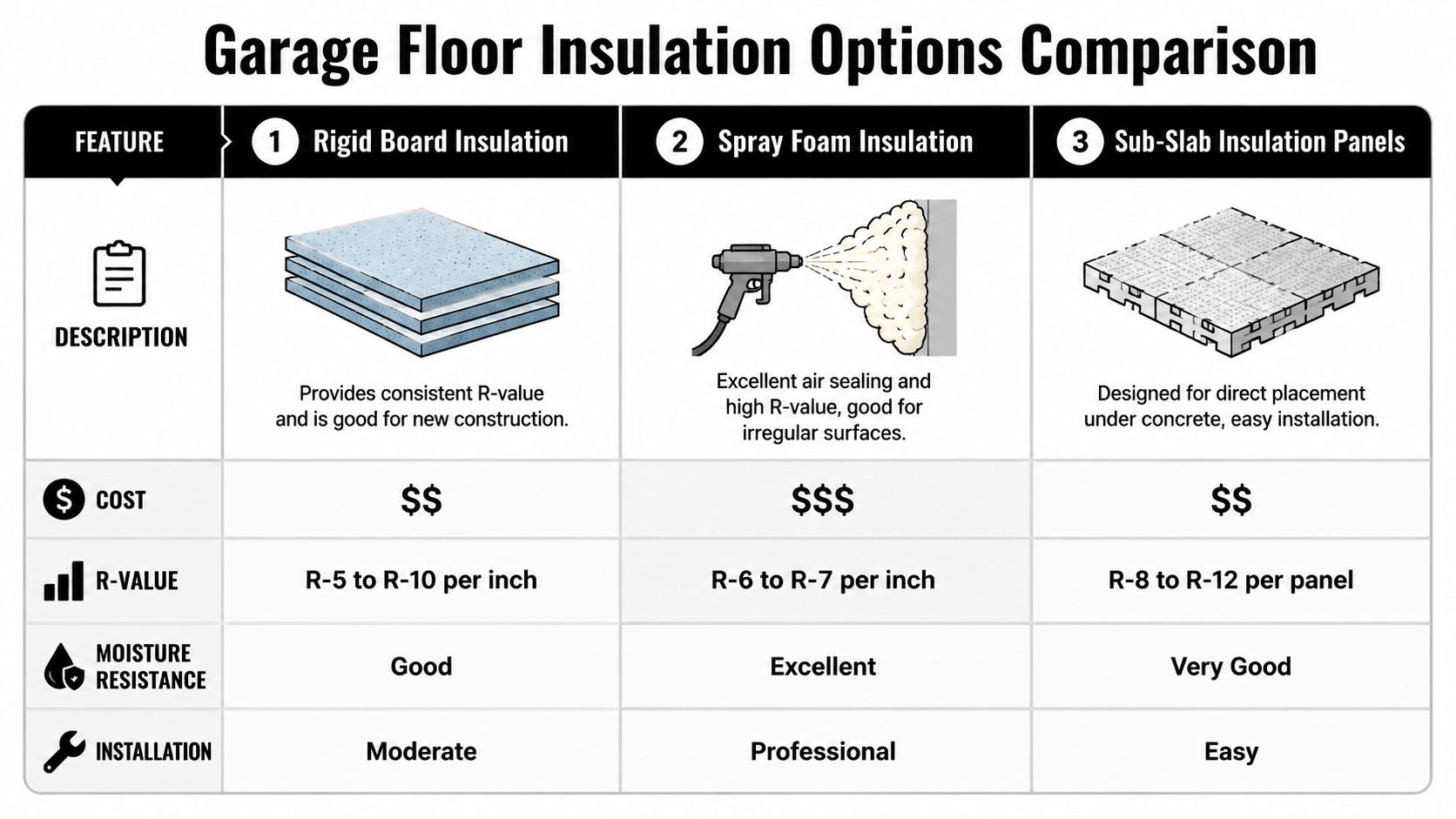 Garage Floor Insulation: Boost Your Home Comfort 3 A comparison chart outlining the pros, cons, costs, and R-values of three garage floor insulation options.