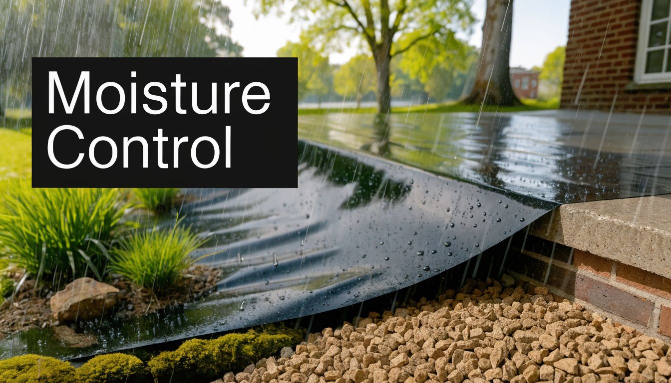 Garage Floor Insulation: Boost Your Home Comfort 5 Rain falling on a protective black membrane placed against a brick house wall for moisture control.