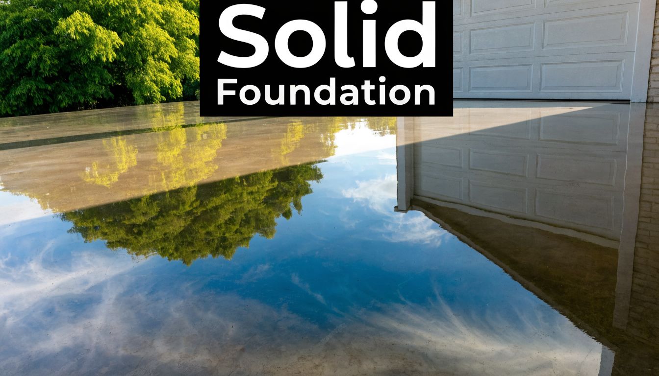 Garage Floor Kit vs Pro: A PA Contractor's Guide 5 A glossy epoxy garage floor reflecting green trees and a white garage door, demonstrating a solid foundation.