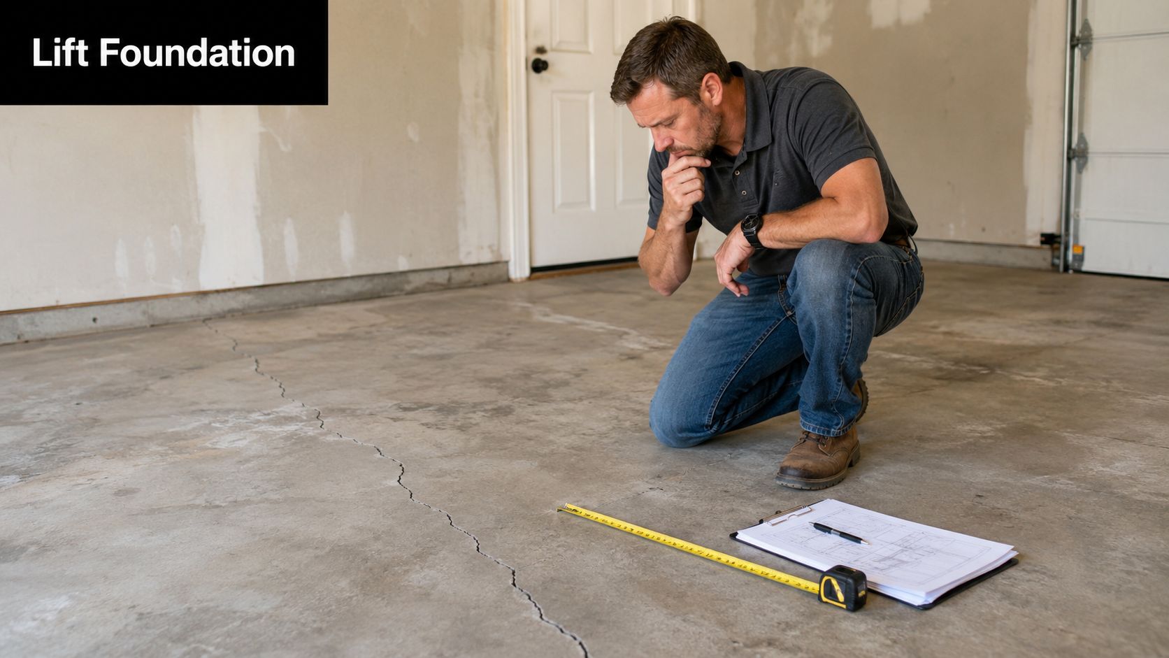 Garage Floor Lift: Foundation Requirements for PA & MD Homes 2 A professional construction inspector examines a crack in a concrete garage floor using a measuring tape.