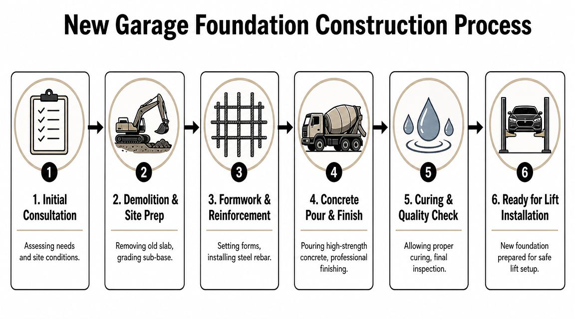 Garage Floor Lift: Foundation Requirements for PA & MD Homes 4 A flowchart showing the six steps of new garage foundation construction from consultation to lift installation.