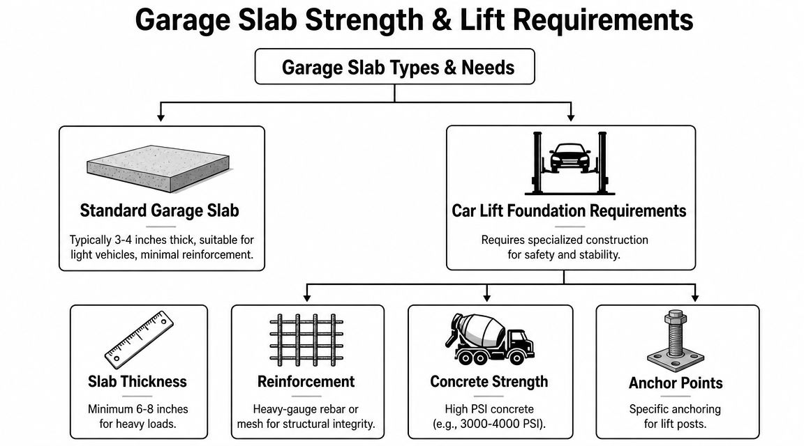 Garage Floor Lift: Foundation Requirements for PA & MD Homes 3 A diagram illustrating the structural requirements for a standard garage slab versus a car lift foundation.