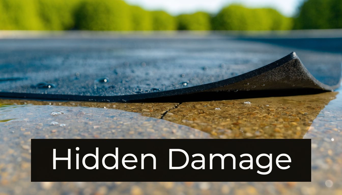 Garage Floor Mats: A Contractor's Guide for PA & MD 4 A close-up view of a curled rubber mat covering a damp, cracked concrete surface outdoors.