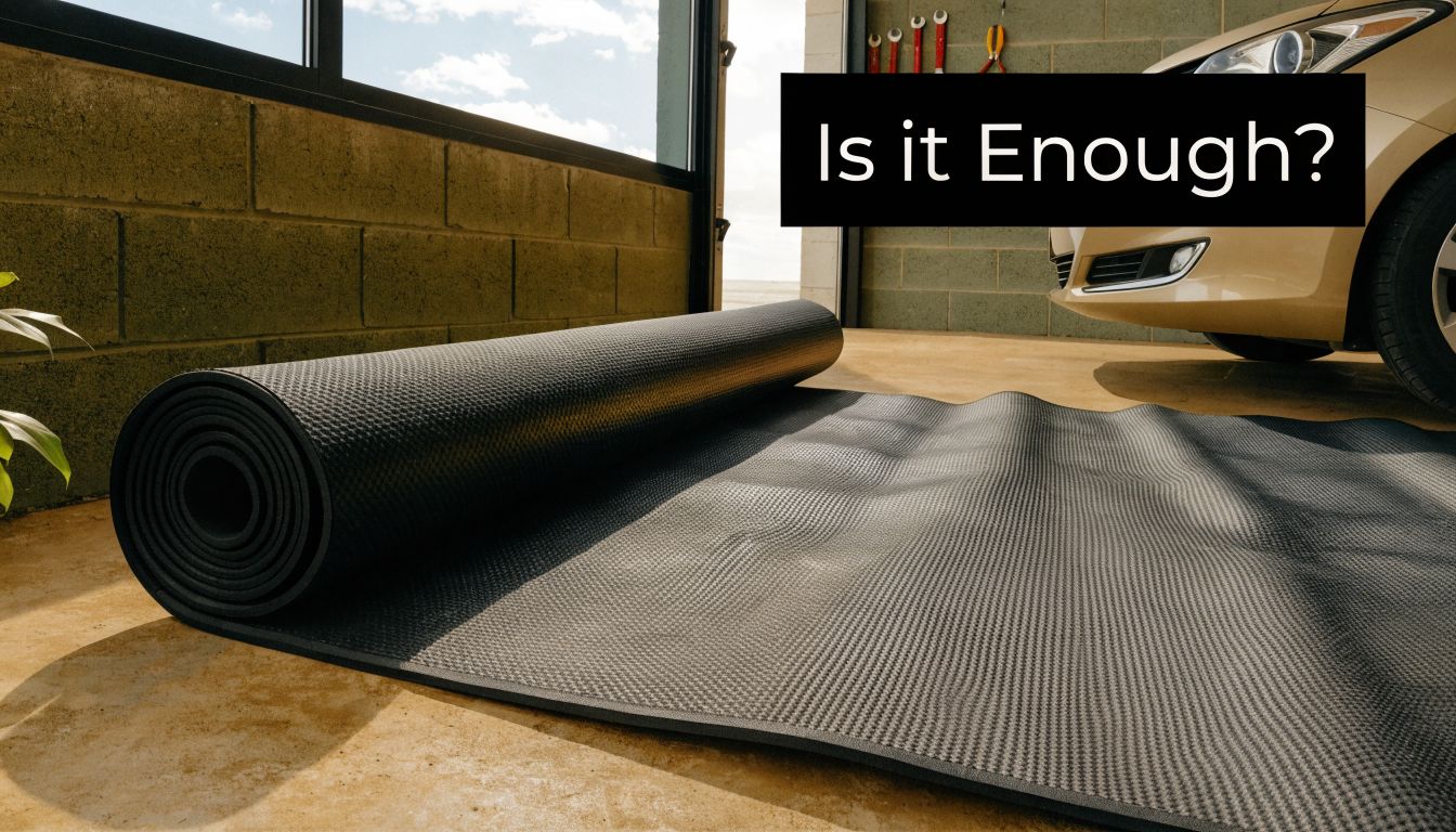 Garage Floor Mats: A Contractor's Guide for PA & MD 2 A black rubber mat being unrolled on a concrete garage floor near a parked car.