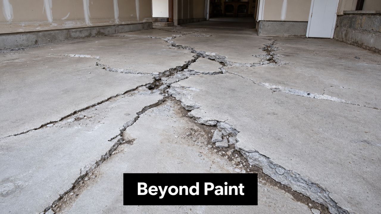Garage Floor Non Slip Paint: A PA Contractor's Guide 4 A severely cracked concrete garage floor showing deep fractures and structural damage, requiring professional repair.