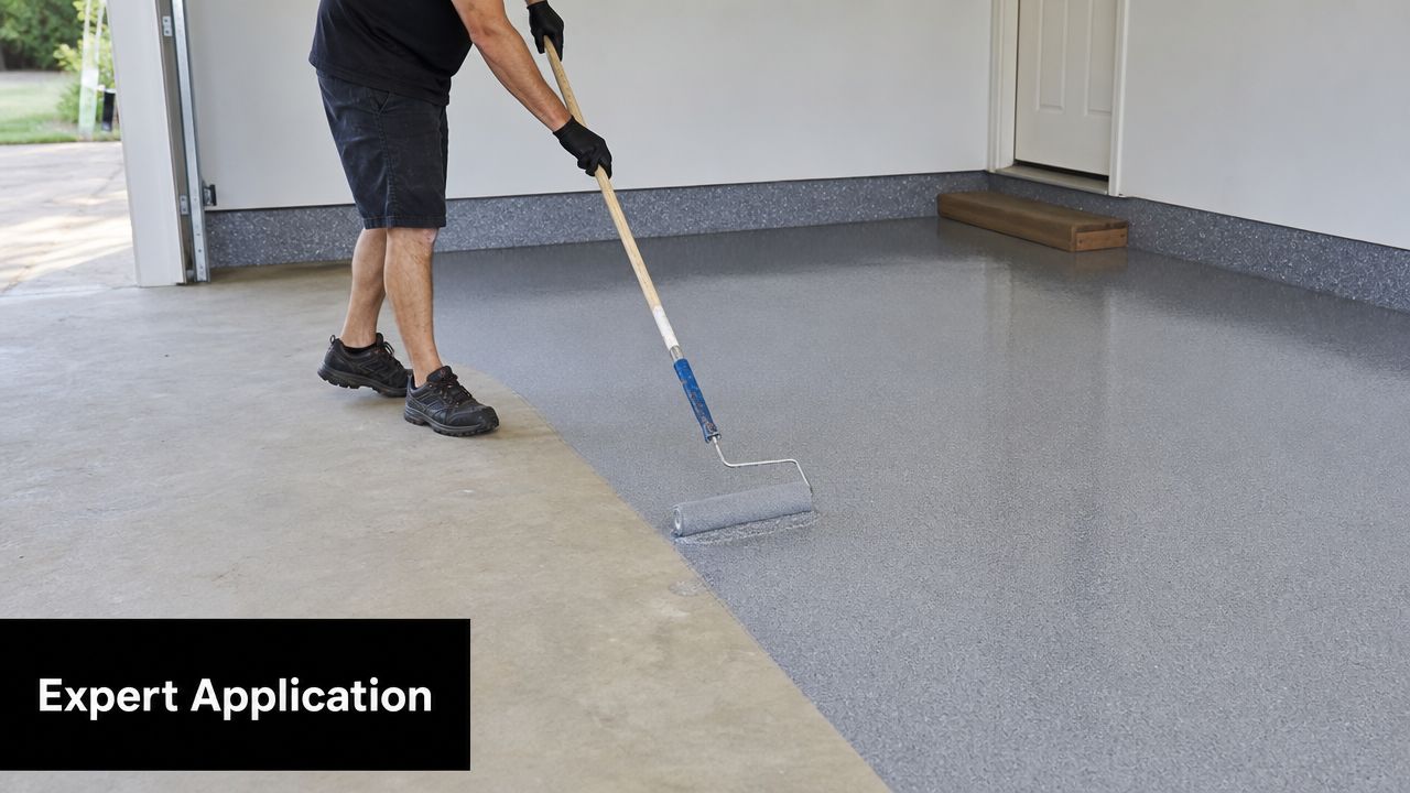 Garage Floor Non Slip Paint: A PA Contractor's Guide 3 A professional worker applies grey non-slip epoxy paint to a garage floor using a long handled roller.