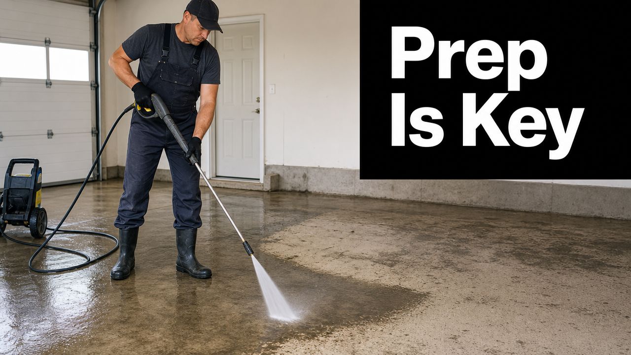 Garage Floor Non Slip Paint: A PA Contractor's Guide 2 A professional worker using a high-pressure water sprayer to clean a dirty concrete garage floor surface.