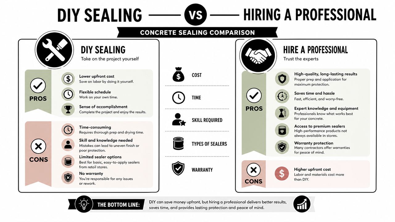 Garage Floor Sealer: A PA Contractor's Guide for 2026 3 A comparative infographic outlining the pros and cons of DIY concrete sealing versus hiring a professional.