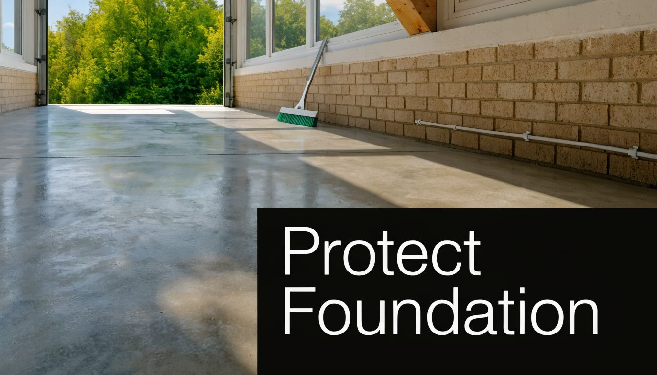Garage Floor Squeegee: A Pro Guide for PA & MD Homes 4 A clean, polished concrete garage floor with a green broom leaning against a brick wall.