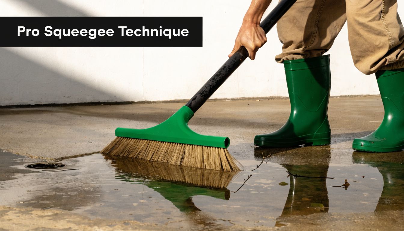 Garage Floor Squeegee: A Pro Guide for PA & MD Homes 3 A person wearing green rubber boots uses a push broom to clear water on a concrete floor.