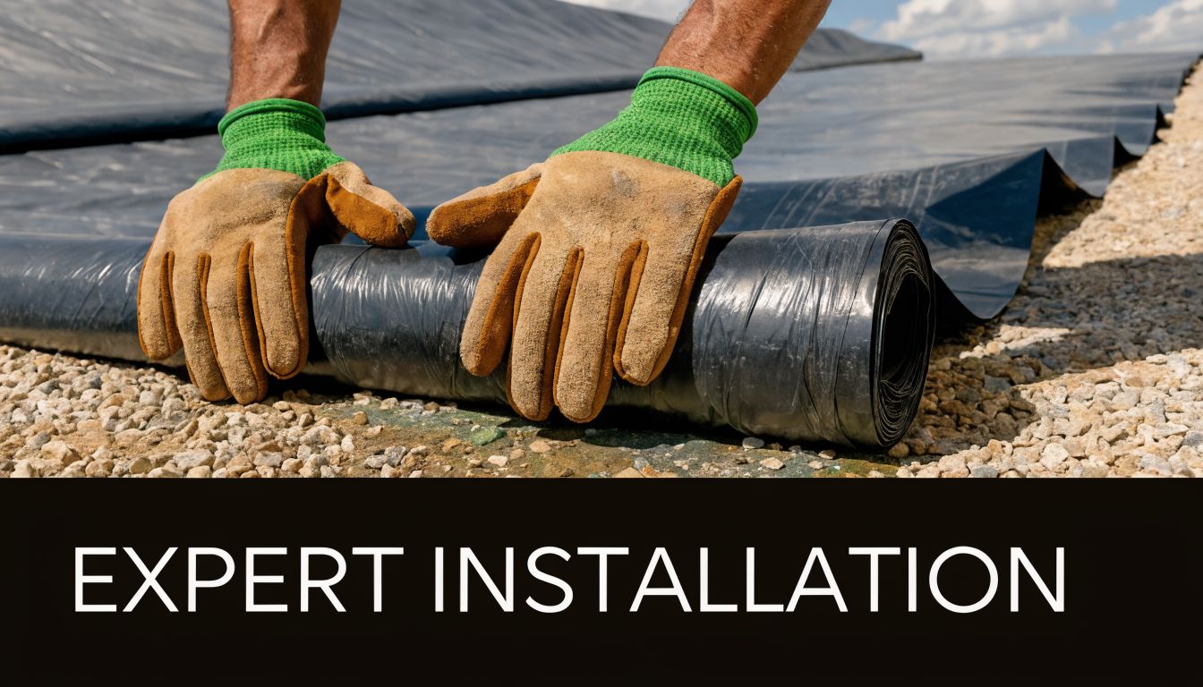 Garage Floor Vapor Barrier: Prevent Moisture Damage 4 A construction worker wearing safety gloves unrolls a black plastic vapor barrier on a gravel surface.