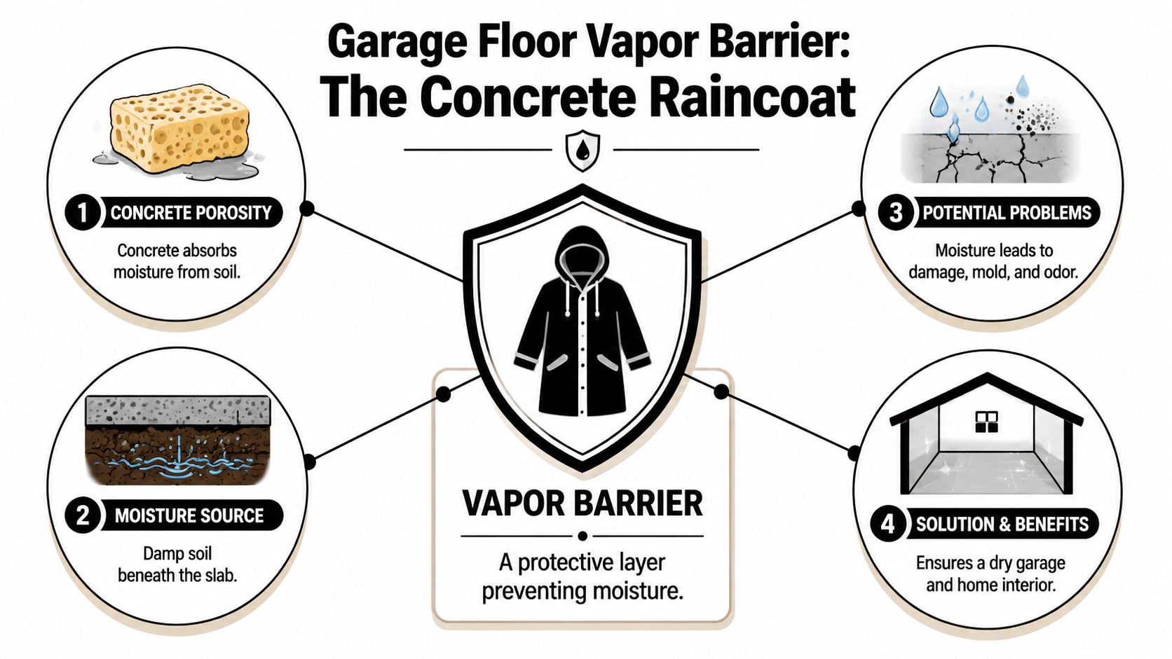Garage Floor Vapor Barrier: Prevent Moisture Damage 2 An infographic explaining the importance of garage floor vapor barriers for preventing moisture and concrete damage.