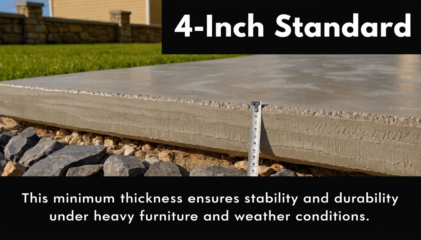 How Thick Should A Patio Concrete Slab Be? 2 A concrete patio slab measured with a ruler to confirm it is four inches thick.