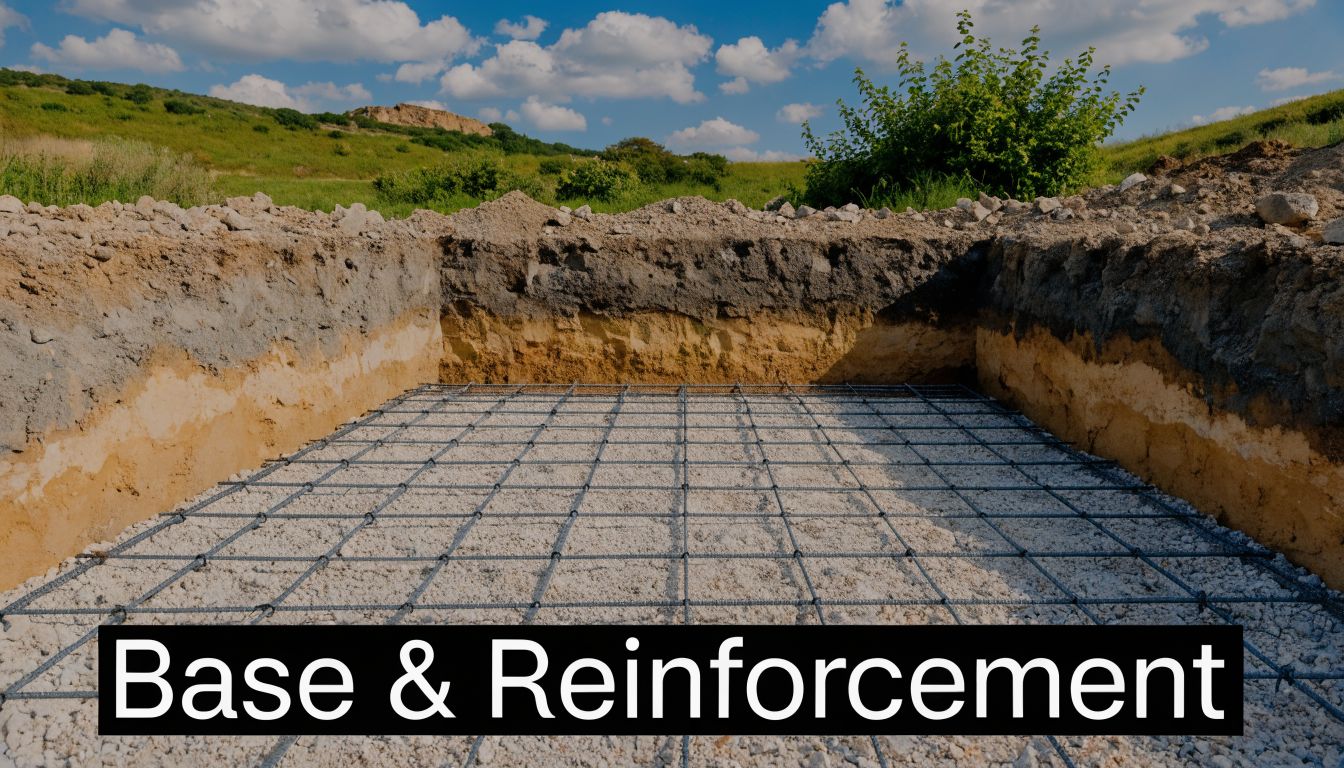 How Thick Should A Patio Concrete Slab Be? 3 A construction site showing a gravel base with steel rebar mesh prepared for a concrete patio slab.