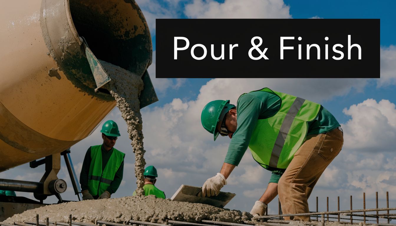 How to Build a Concrete Porch Slab: A 2026 Guide 4 Construction workers using a concrete mixer to pour and finish a slab for a porch project.